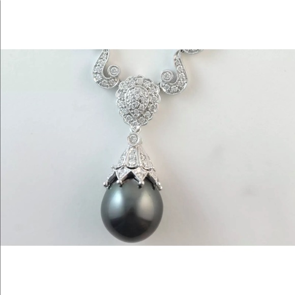 TARA 18k WHITE GOLD & 15mm BLACK TAHITIAN PEARL & 2 carat DIAMOND NECKLACE - Picture 4 of 10